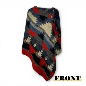 RARE PATTERNED Vintage Rhonda Stark Southwestern Aztec Wool Blend Poncho Cape